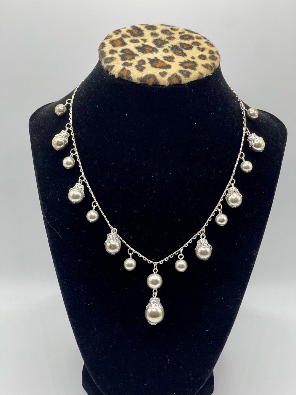 Silver Tone Necklace With Faux Silver Pearl Drop Dangle Charms